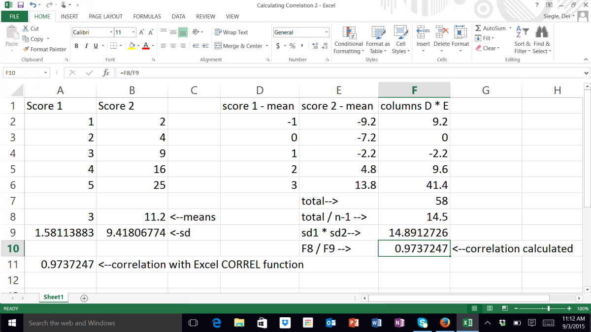 calculations for correlation coefficient